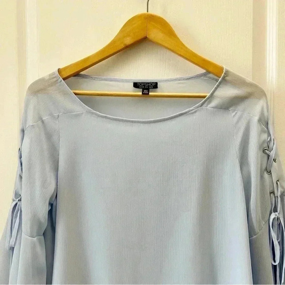 Topshop Eyelet Lace Up Fluted Sleeves Sheer Blouse Top Light Blue Size Small - Picture 7 of 16
